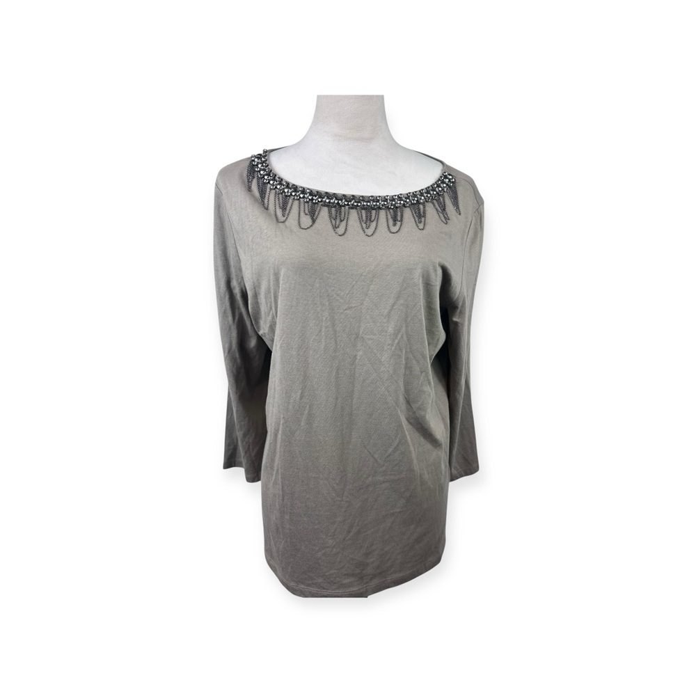 Chico’s olive green/gray top with jeweled chain neckline size 2-large/12 - Picture 1 of 9